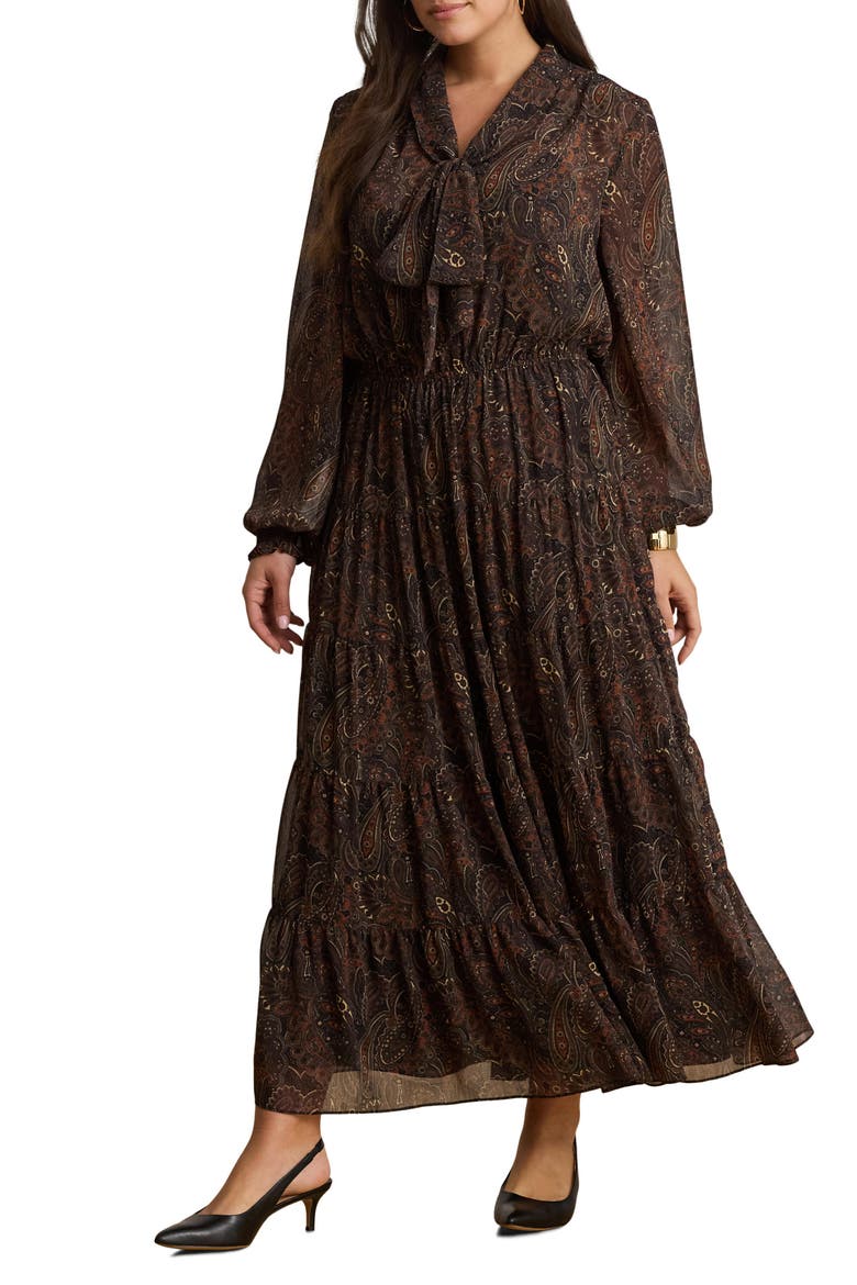 Paisley Long Sleeve Crinkle Georgette Midi Dress, Alternate, color, BLACK/ MULTI