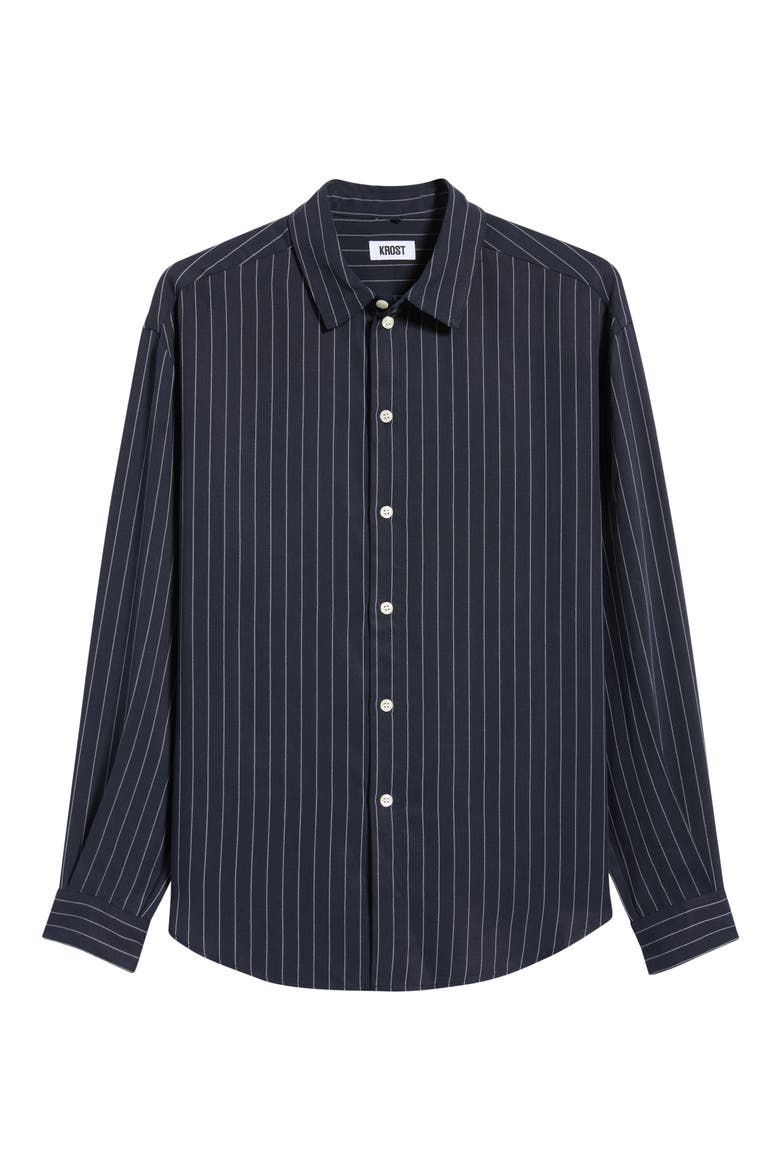 Long Pinstripe Button-Up Shirt, Main, color, DARK NAVY
