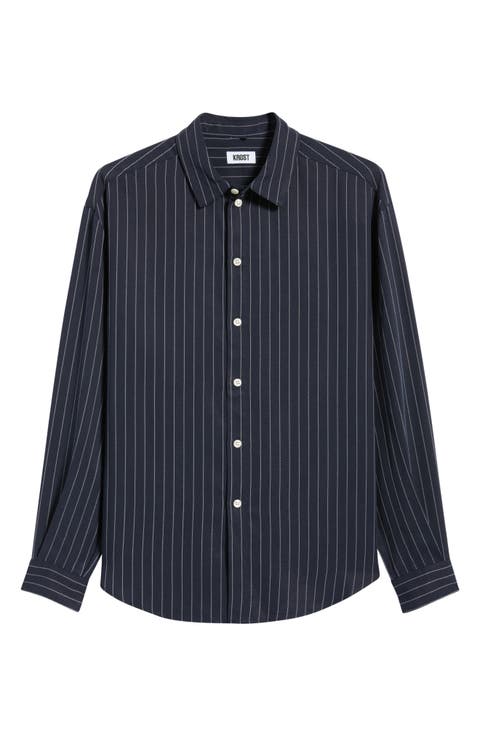 Long Pinstripe Button-Up Shirt