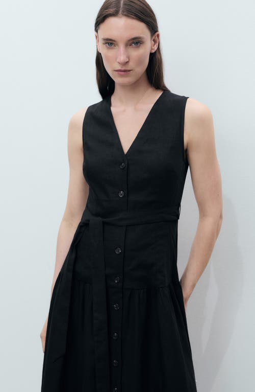 Mango Linen Look Tie Waist Button Up Midi Dress