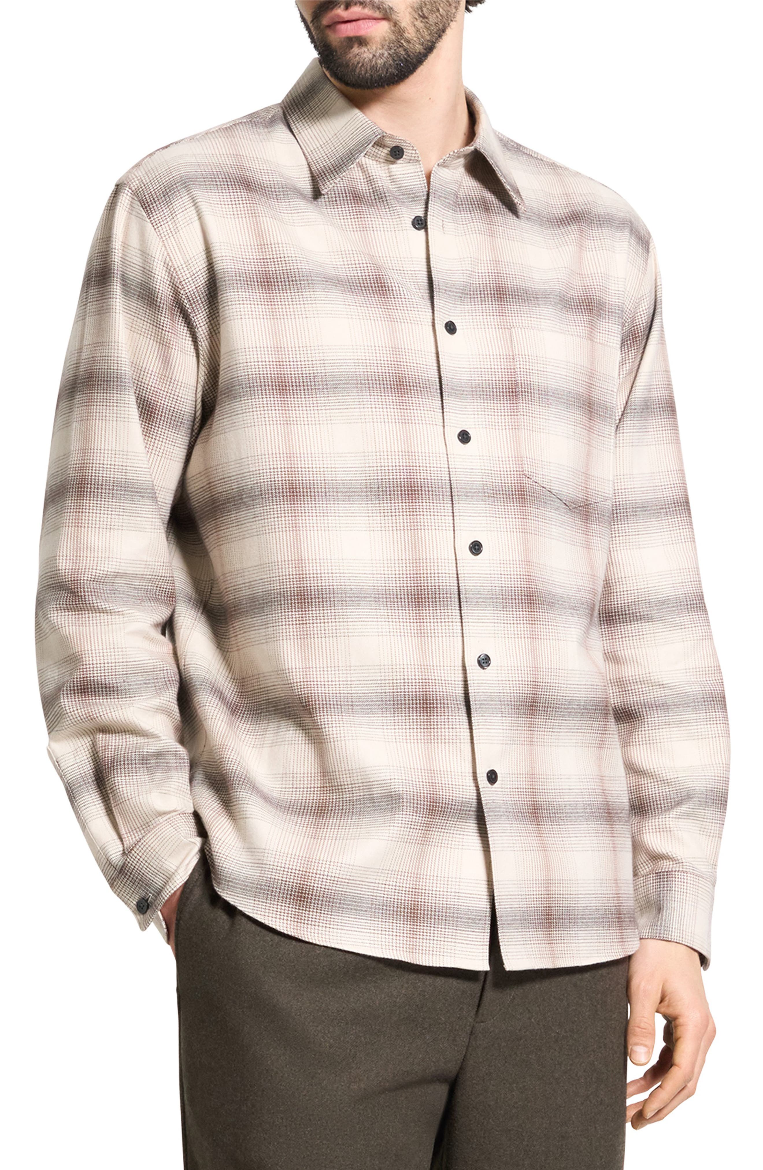 Theory Weekend Gradient Check Brushed Cotton Button-Up Overshirt (Men ...