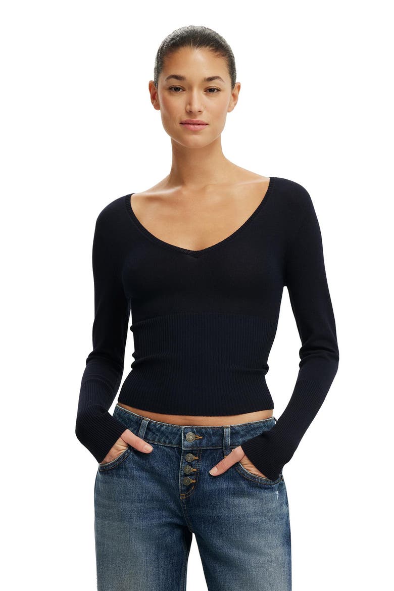 Women's Close Knit V-Neck Top, Main, color, Navy