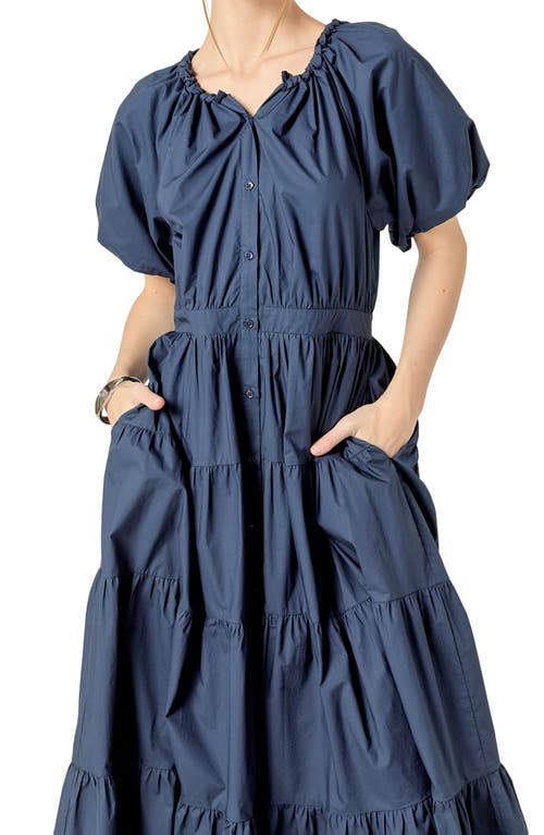 English Factory Puff Sleeve Tiered Maxi Dress In Navy