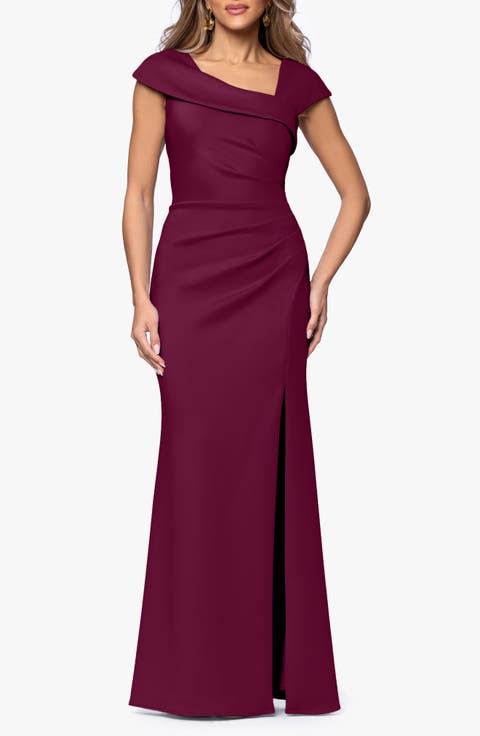 Asymmetric Neck Scuba Knit Trumpet Gown (Regular & Petite)