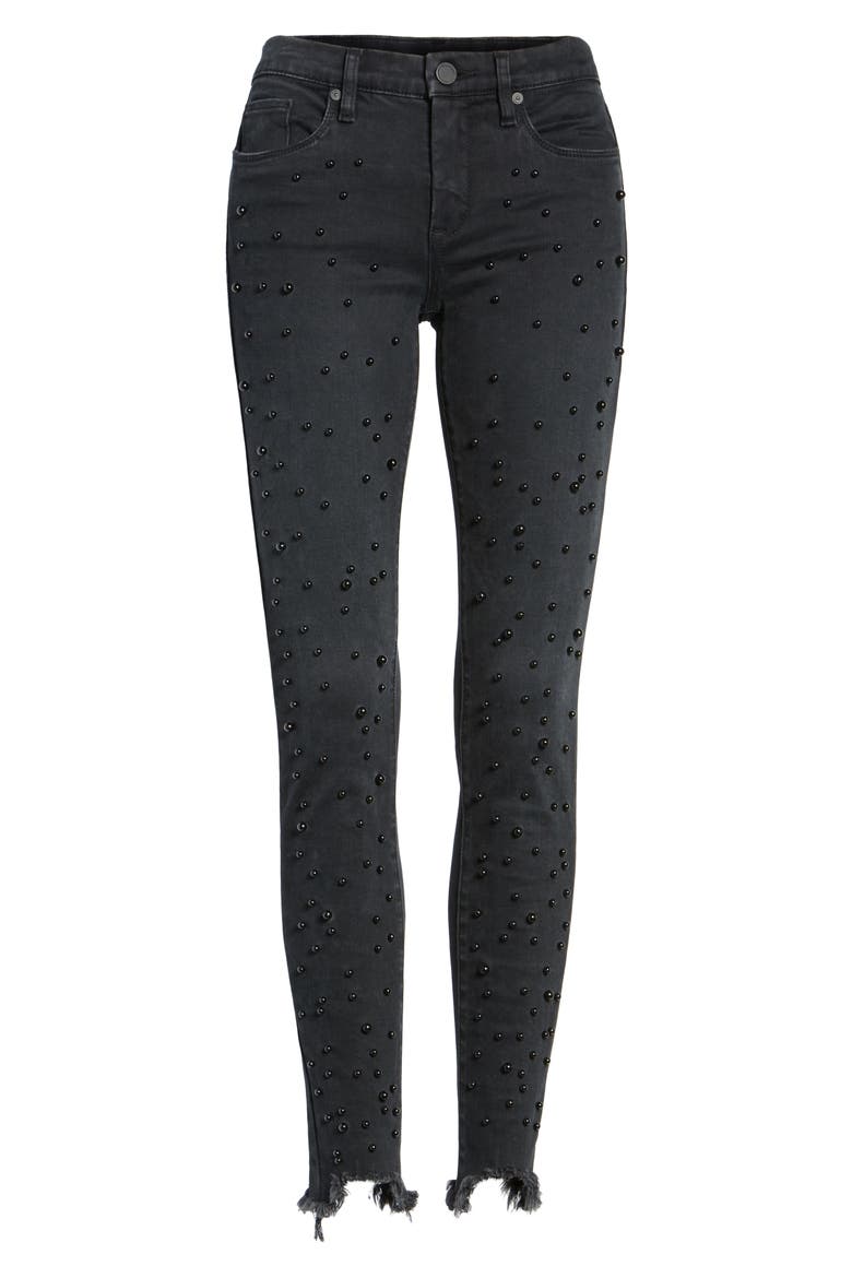 Faux Pearl Embellished Skinny Jeans, Alternate, color, STAR SIGN BLACK