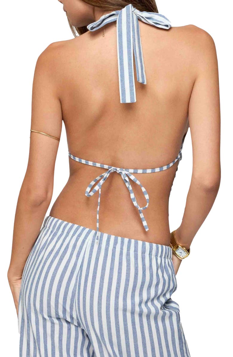 EDIKTED Macey Stripe Split Front Open Back Halter Top, Alternate, color, Blue-And-White