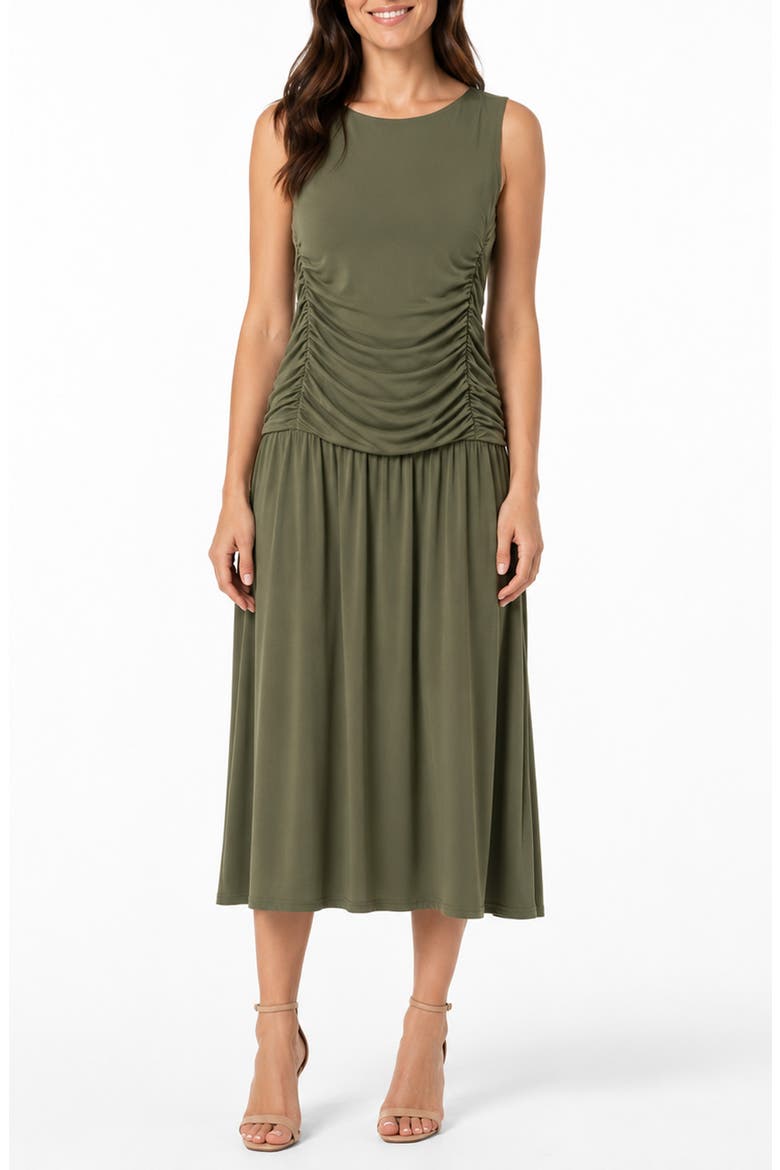 Ruched Sleeveless Drop Waist Midi Dress, Main, color, KALAMATA