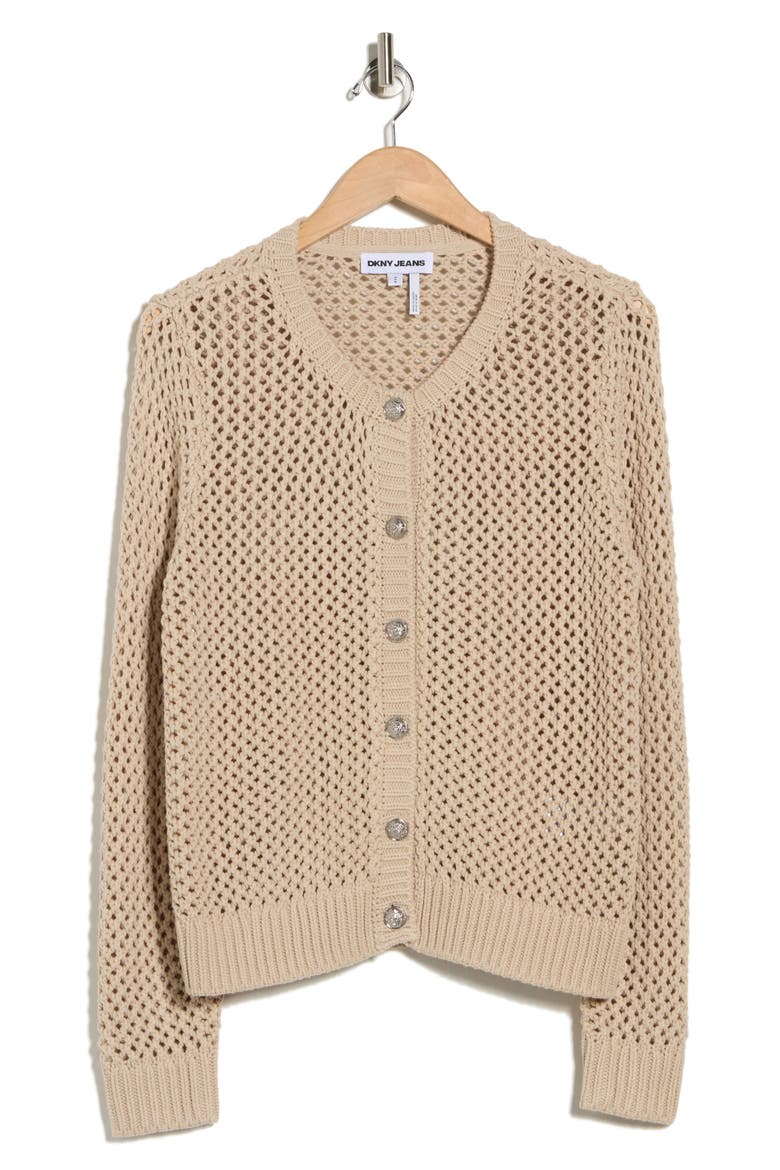 Open Stitch Cotton Blend Cardigan, Alternate, color, PEBBLE