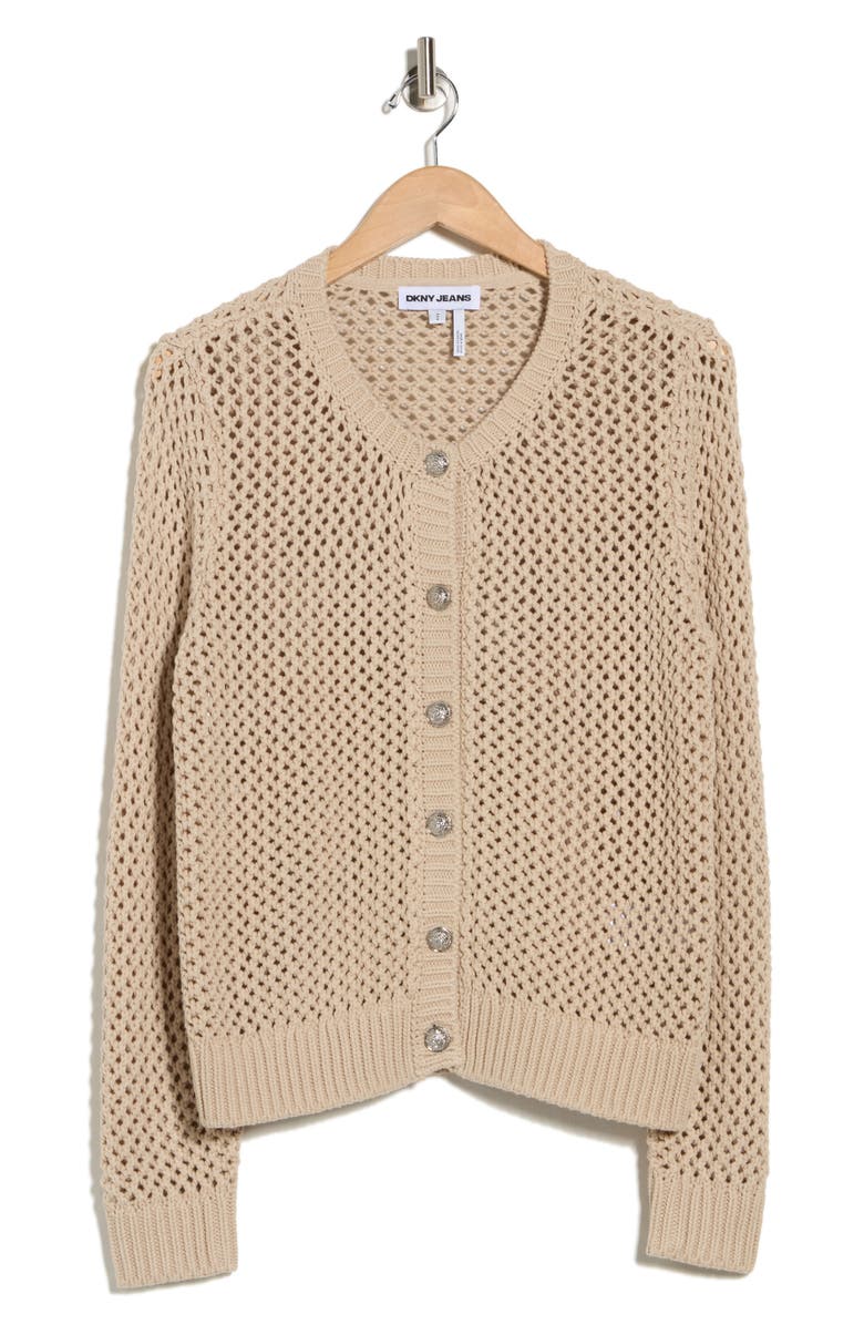 DKNY Jeans Open Stitch Cotton Blend Cardigan, Alternate, color, Pebble