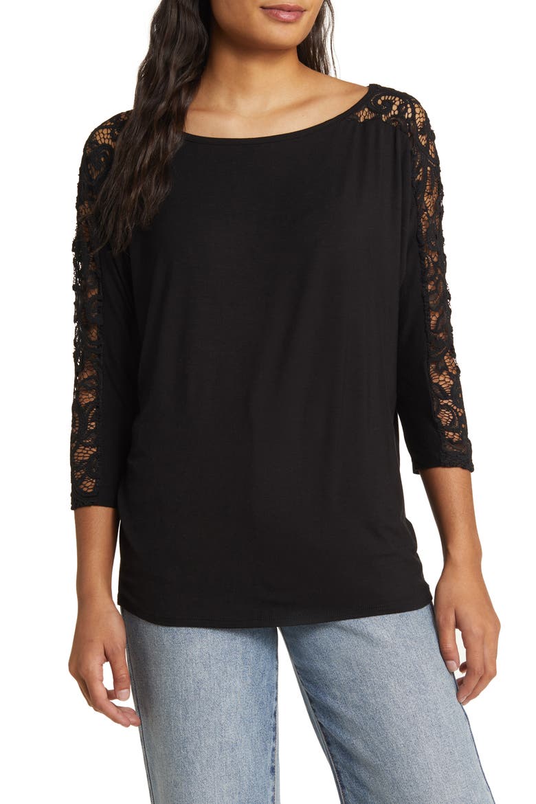 Lace Long Sleeve Top, Main, color, BLACK