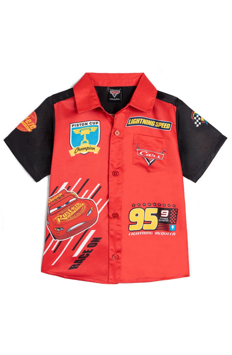 Disney Short Sleeve Button Down Shirt, Main, color, Lightning Mcqueen Red Red