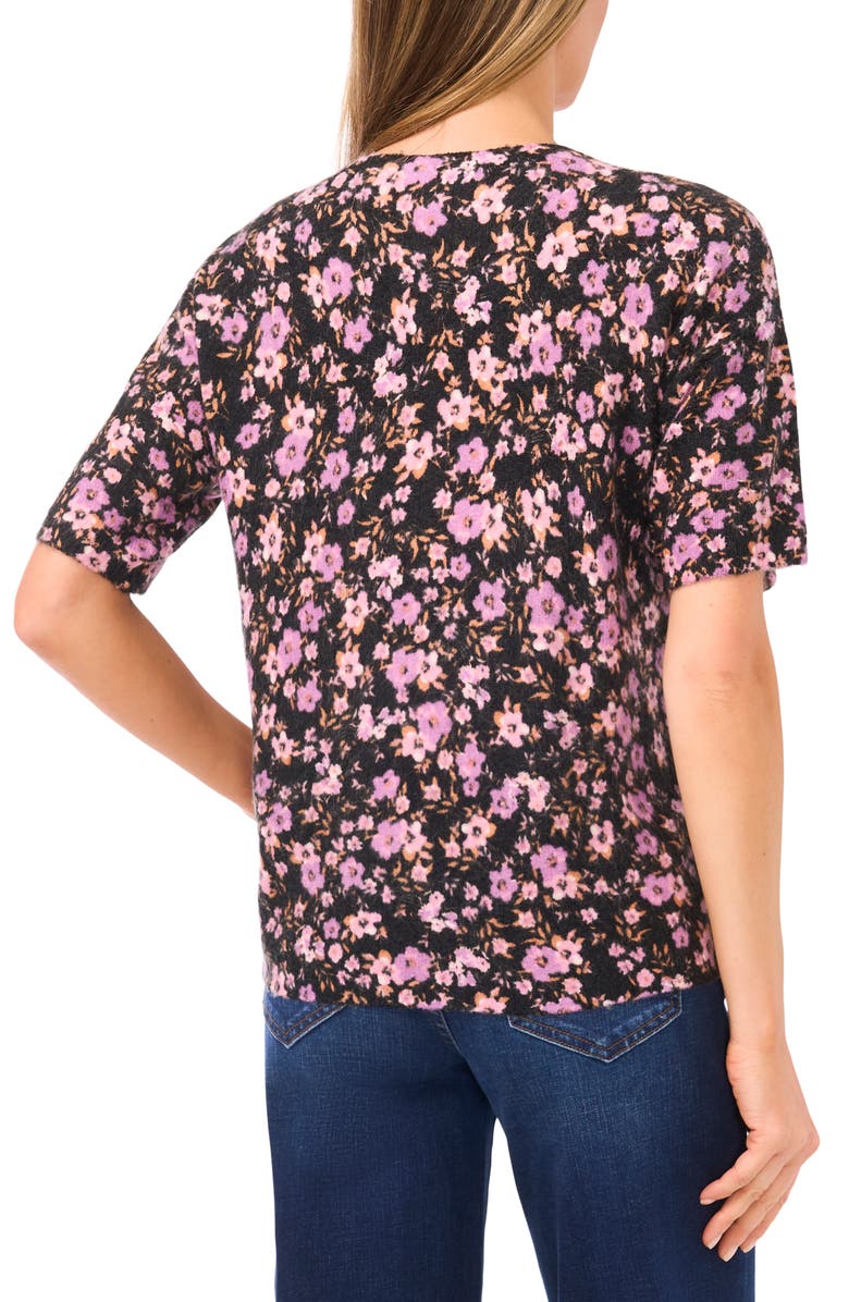 CeCe Floral Print Short Sleeve Cardigan, Alternate, color, Rich Black