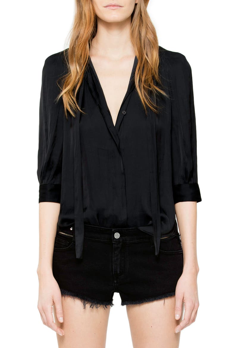Tie Neck Satin Blouse, Main, color, NOIR