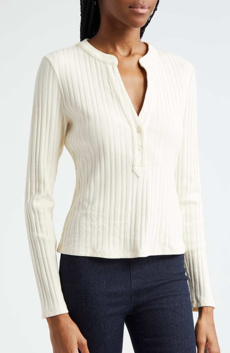 Veronica Beard Jocelyn V-Neck Rib Cotton Top, Alternate, color, Ivory
