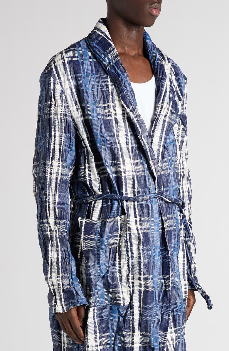 Bottega Veneta Belted Check Crushed Twill Coat, Alternate, color, Blue/ Navy/ Chalk
