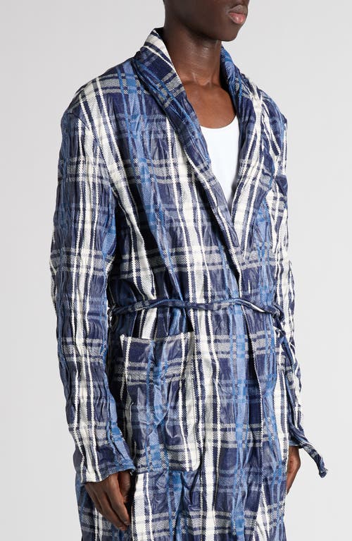 Bottega Veneta Belted Check Crushed Twill Coat In Blue/navy/chalk