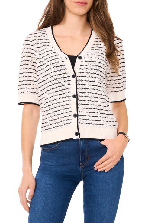 Stripe Pointelle Cotton Button-Up Sweater