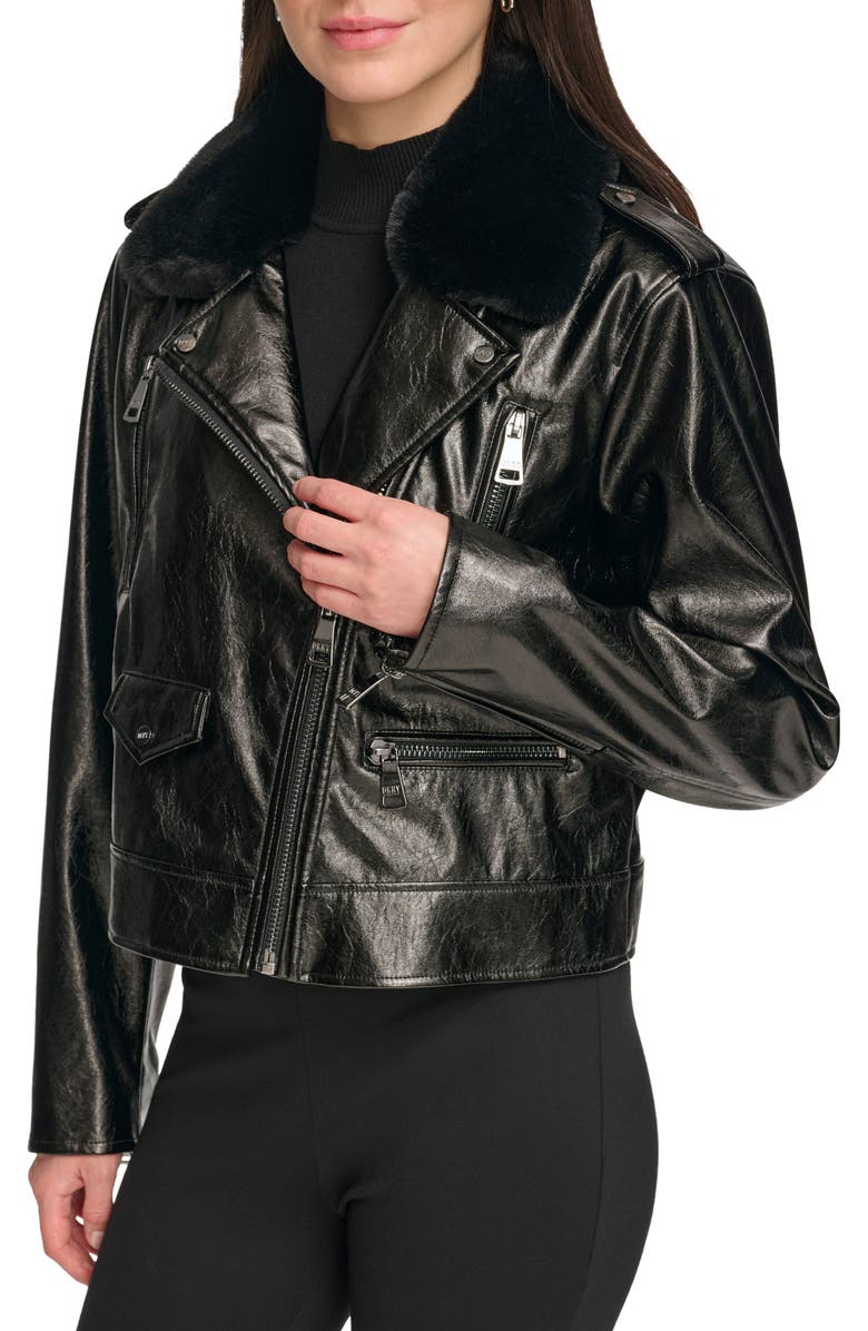 DKNY Crackle Faux Leather Moto Jacket with Faux Fur Collar, Alternate, color,