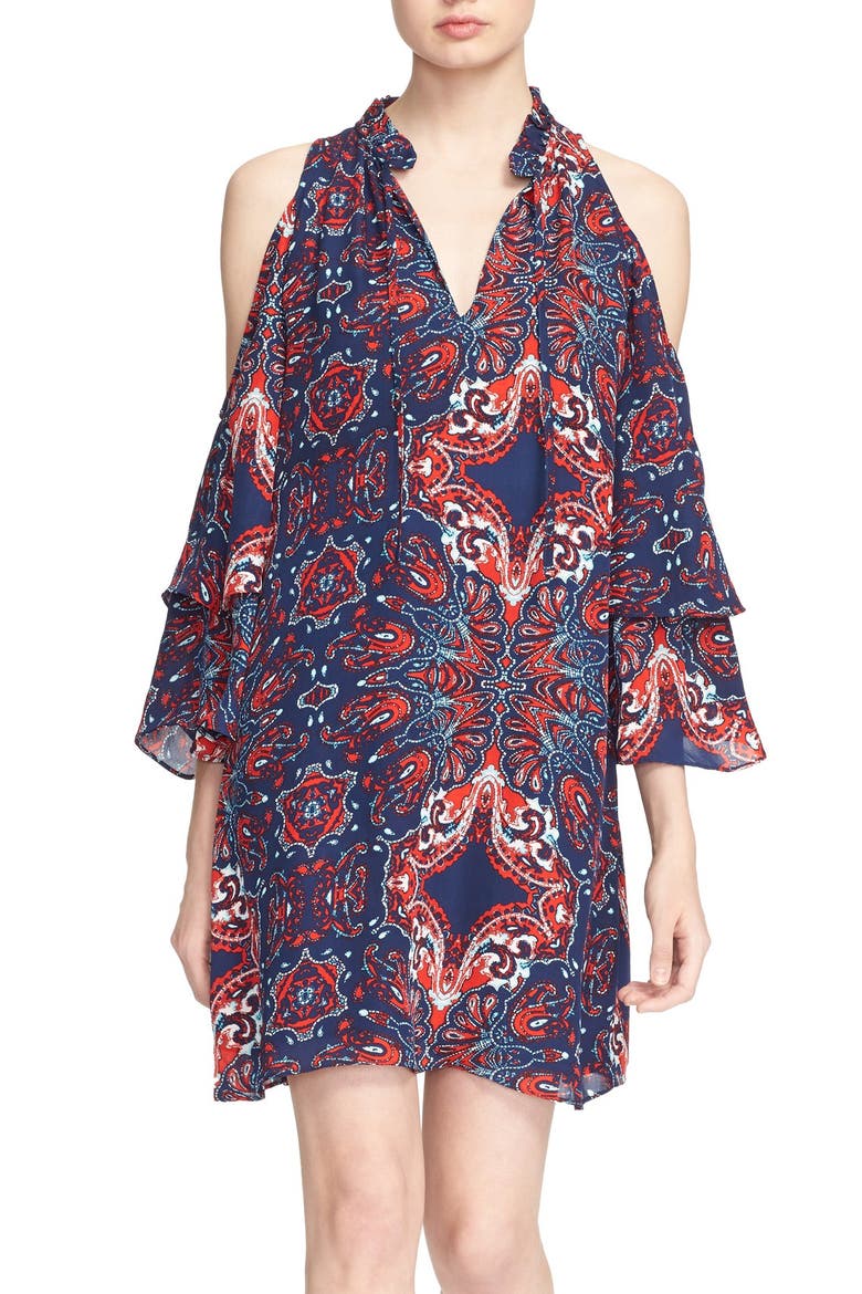 'Anastasia' Cold Shoulder Paisley Silk Shift Dress, Main, color, BANDANA