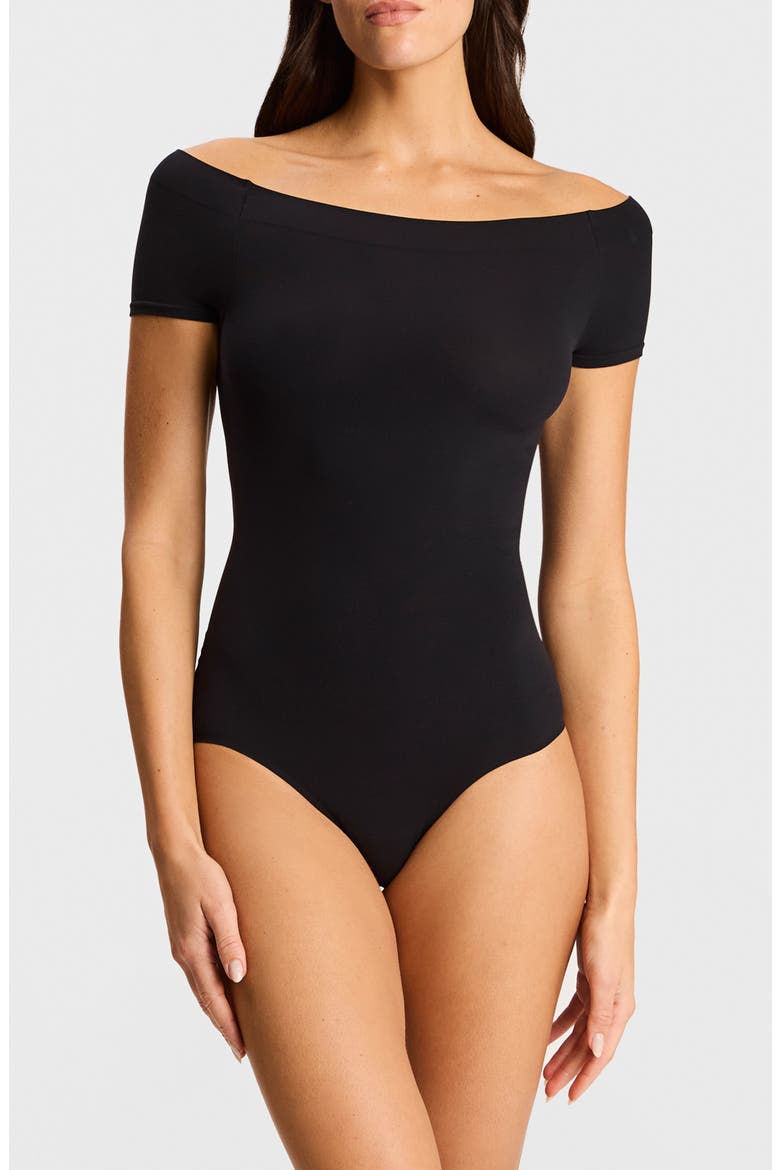 Ballet Off the Shoulder Cap Sleeve Bodysuit, Main, color, BLACK