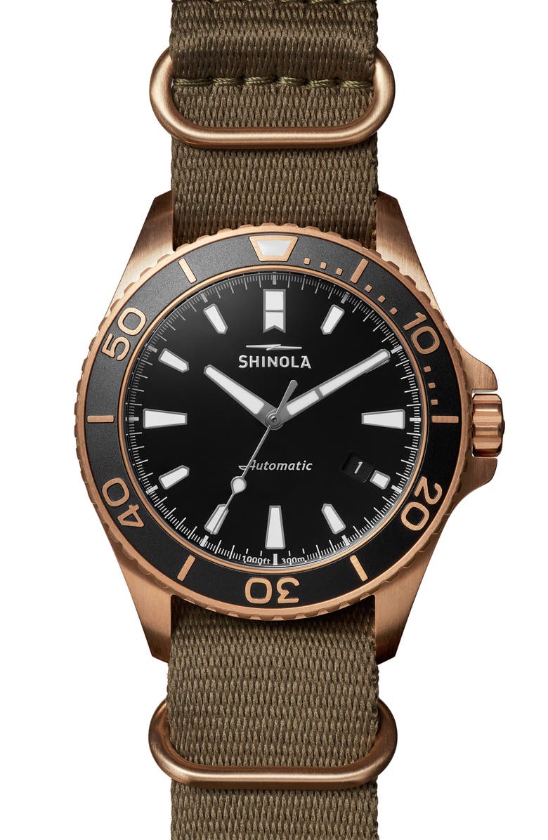 Shinola Monster Automatic Strap Watch, 43mm, Alternate, color, Teak/ Black/ Bronze