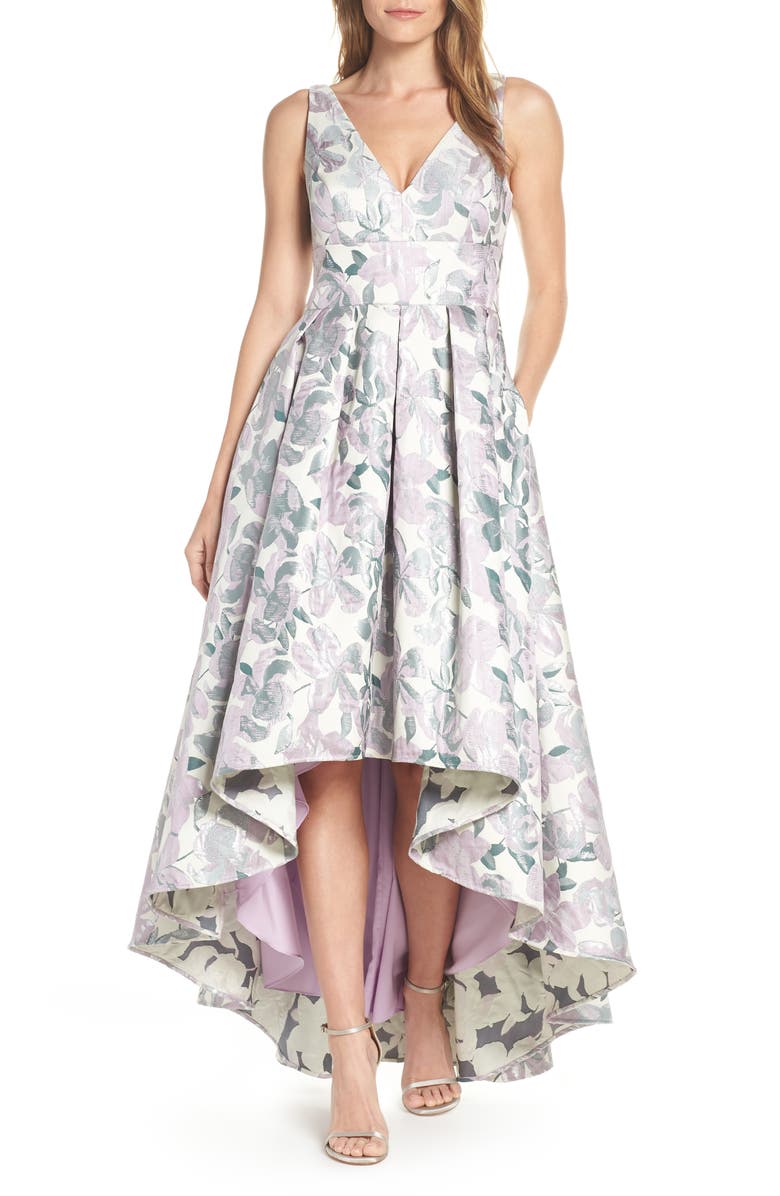 Eliza J Floral Jacquard High/Low Evening Dress, Main, color, 