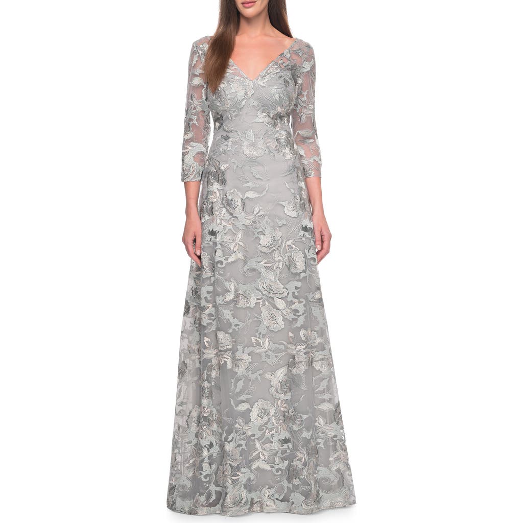 La Femme Unique Silver Lace Mother Of The Bride Gown With Sleeves In Silver/slate