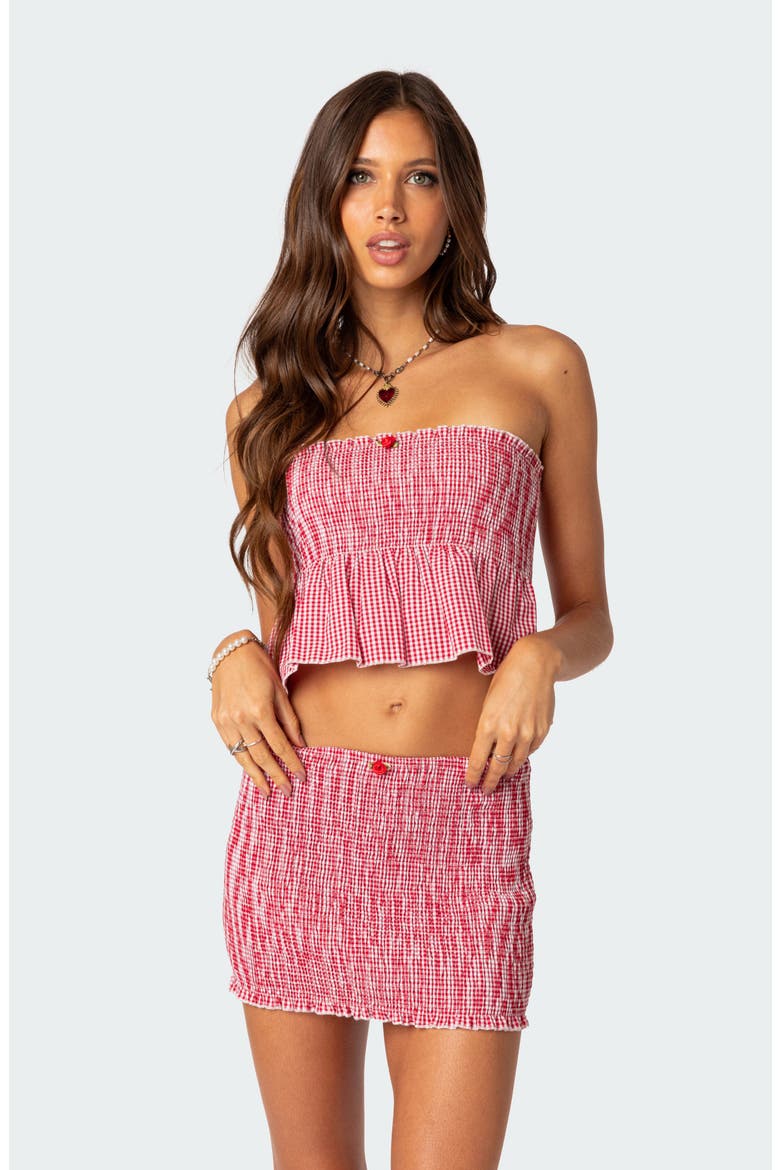 Gingham Smocked Cotton Tube Top, Alternate, color, RED