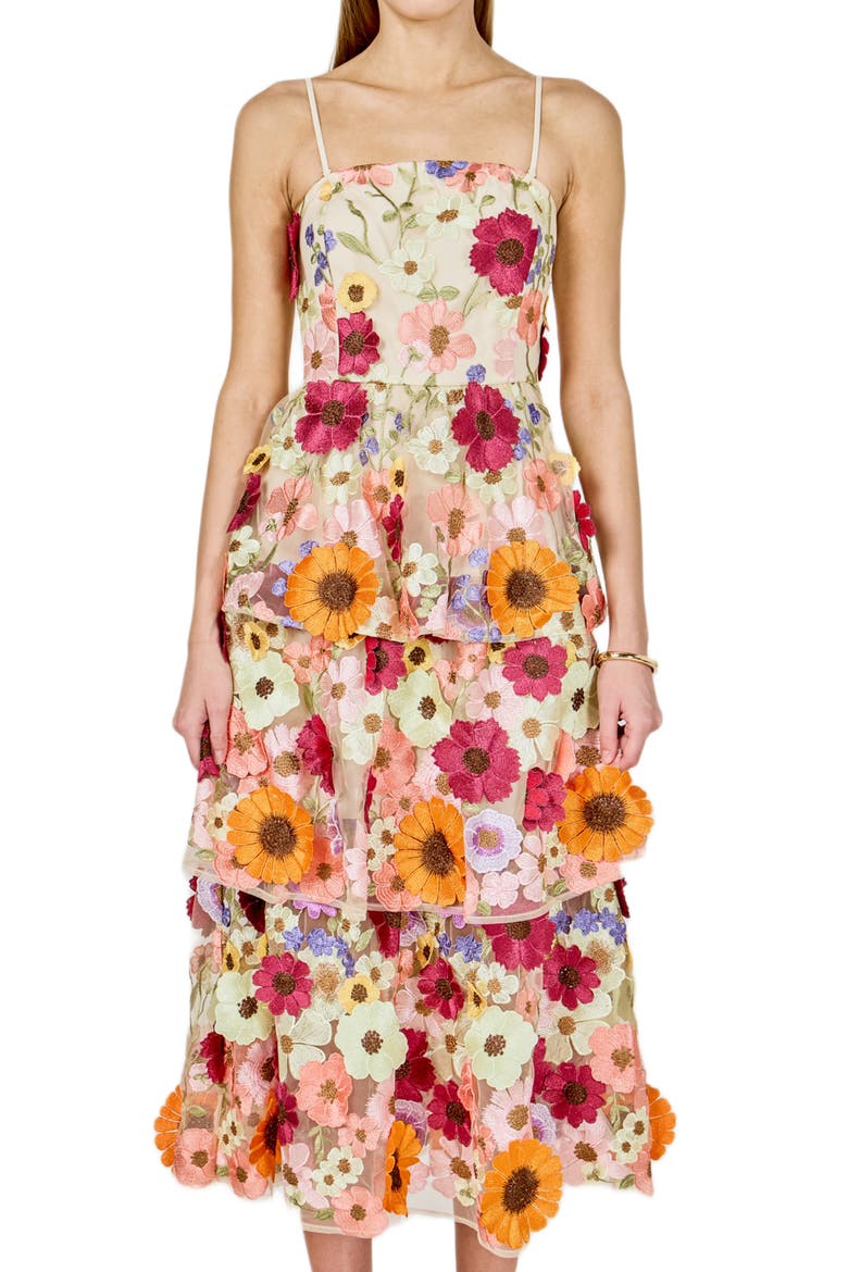 Embroidered Floral Tiered Dress, Alternate, color, BEIGE