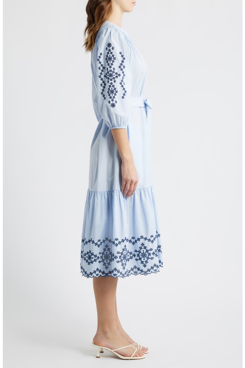 Carmel Eyelet Embroidered Tie Belt Cotton Dress, Alternate, color, BLUE BIRD
