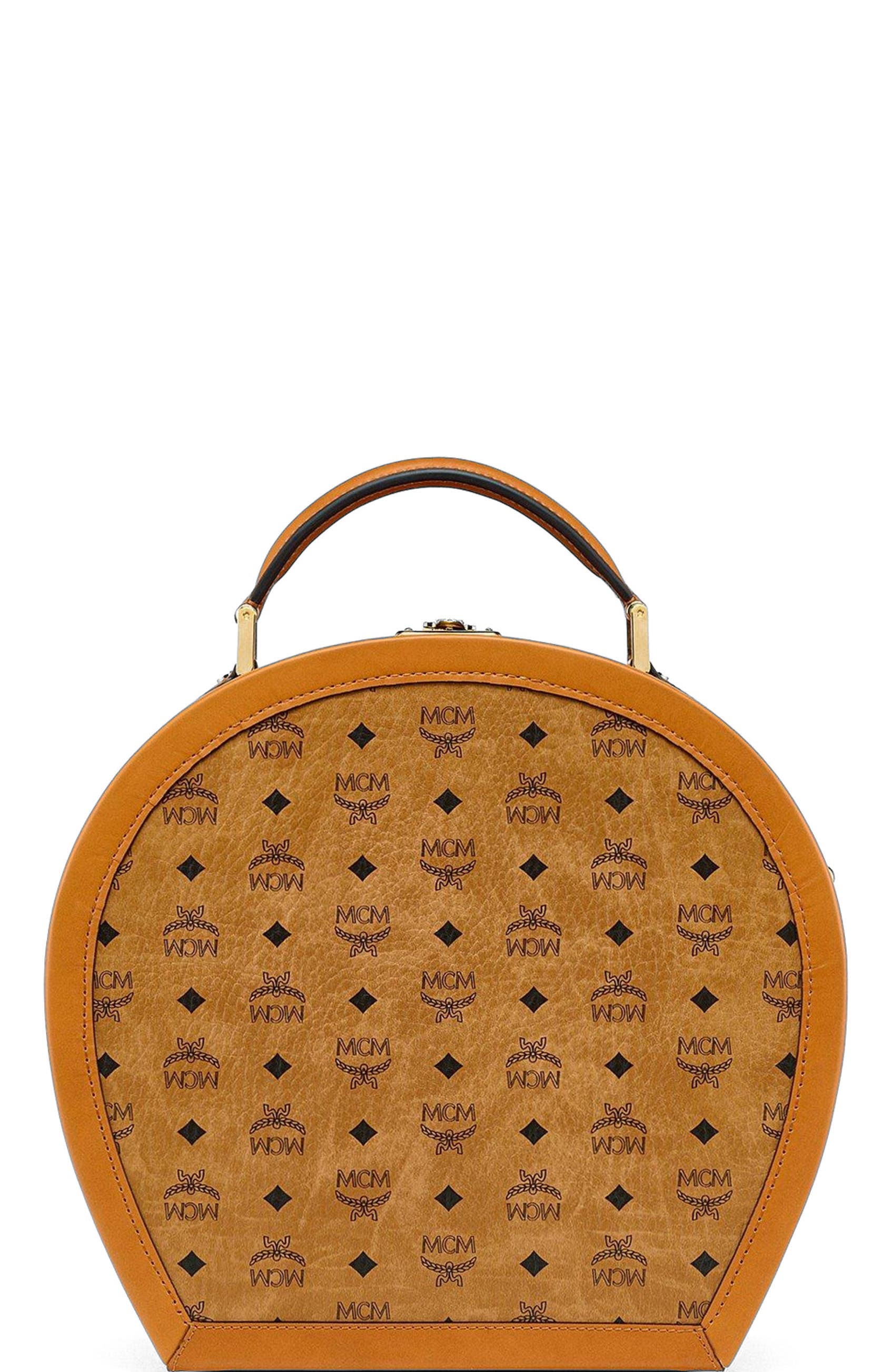 MCM Hat Box in Visetos, Alternate, color, Cognac