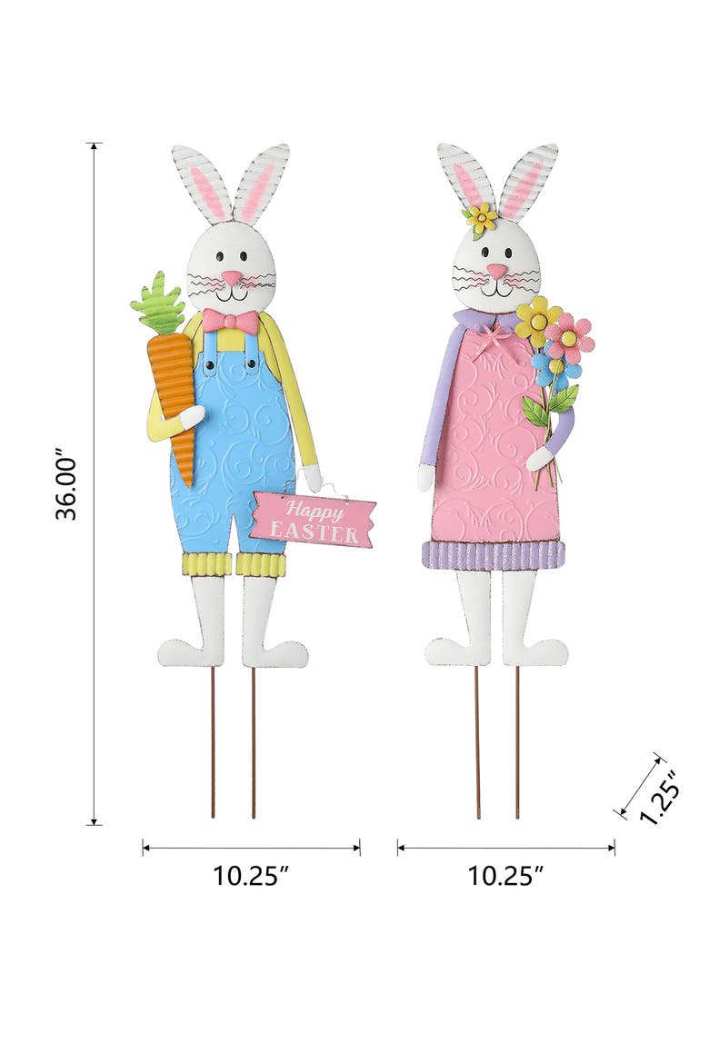 Set of 2 Metal Bunny Boy and Girl Yard Stake or Standing Decor or Wall Decor, Alternate, color, Blue