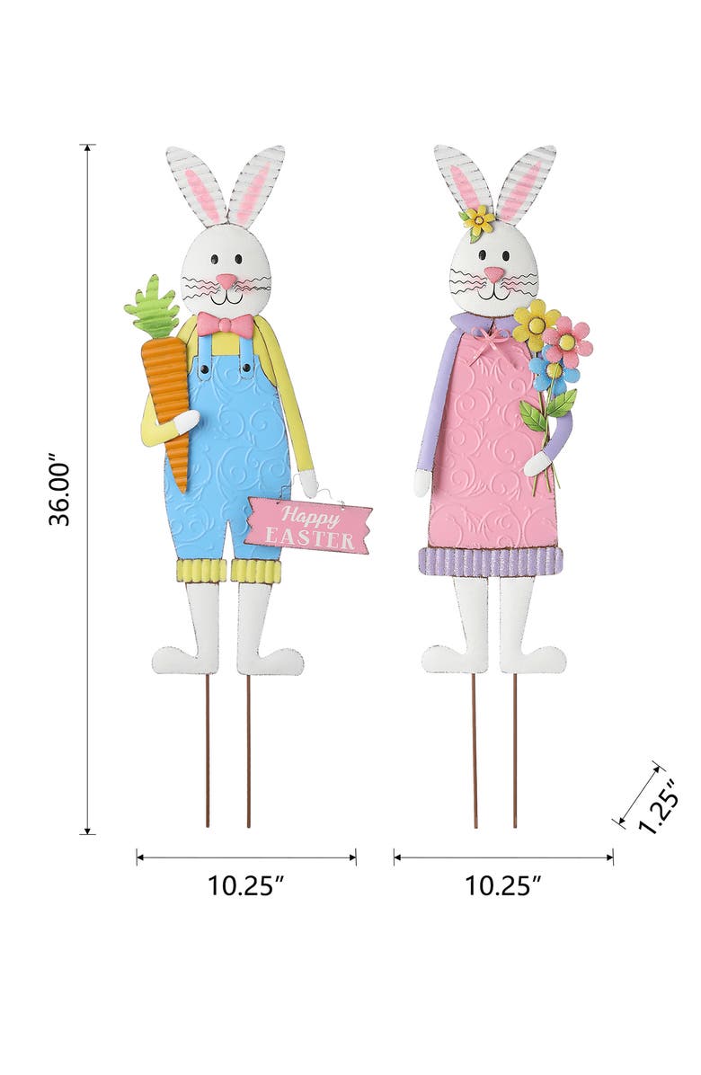 Glitzhome Set of 2 Metal Bunny Boy and Girl Yard Stake or Standing Decor or Wall Decor, Alternate, color, Blue