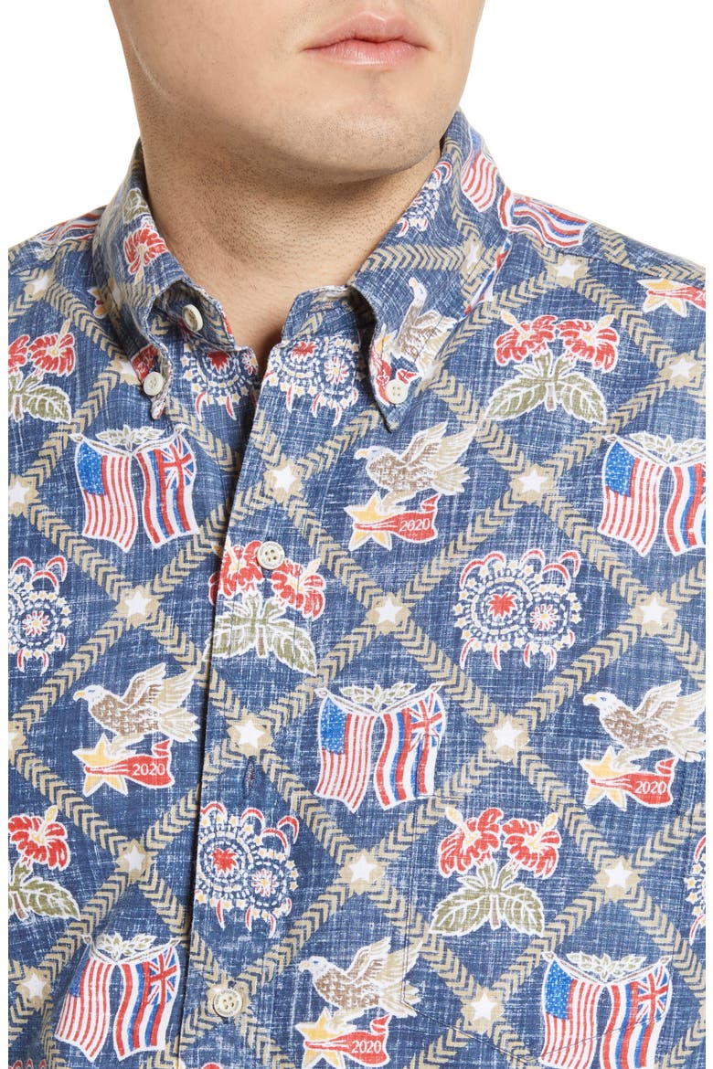 Summer Commemorative 2020 Short Sleeve Button-Down Shirt, Alternate, color, DRESS BLUE