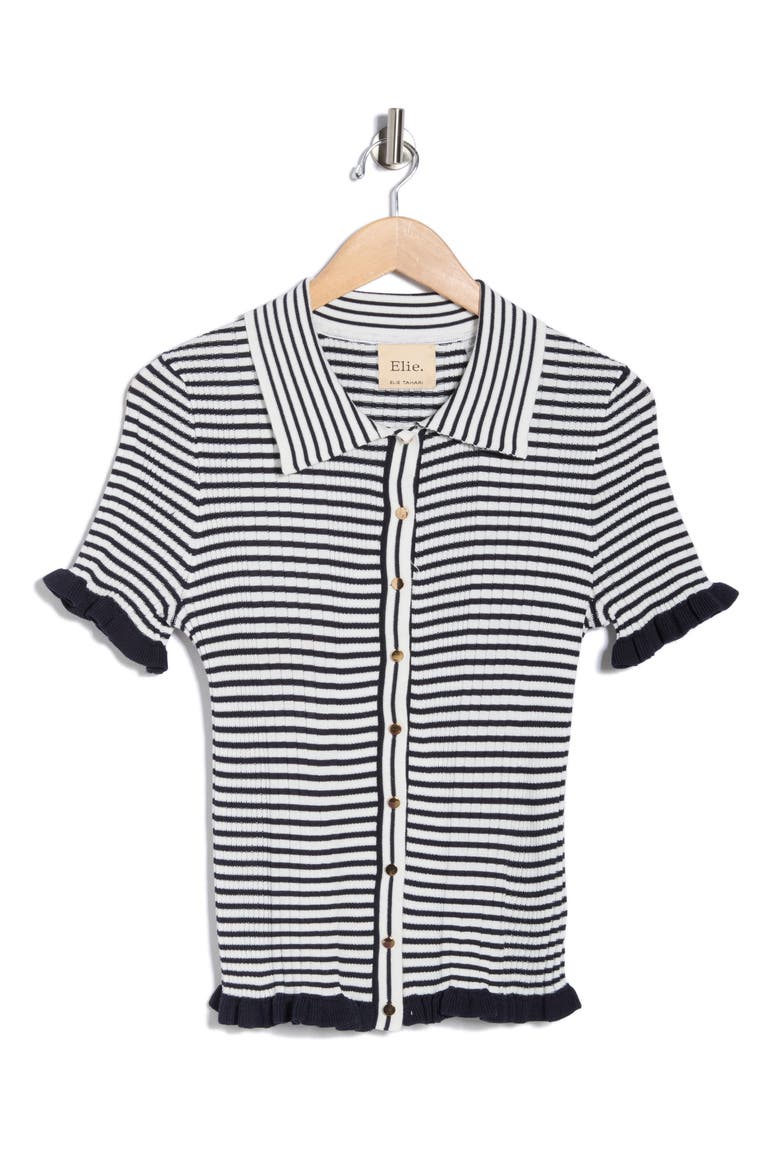 Rib Stripe Short Sleeve Cardigan, Alternate, color, NAVY/ IVORY