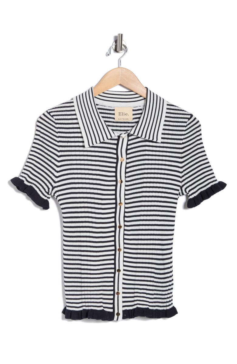 ELIE ELIE TAHARI Rib Stripe Short Sleeve Cardigan, Main, color, Navy/ Ivory