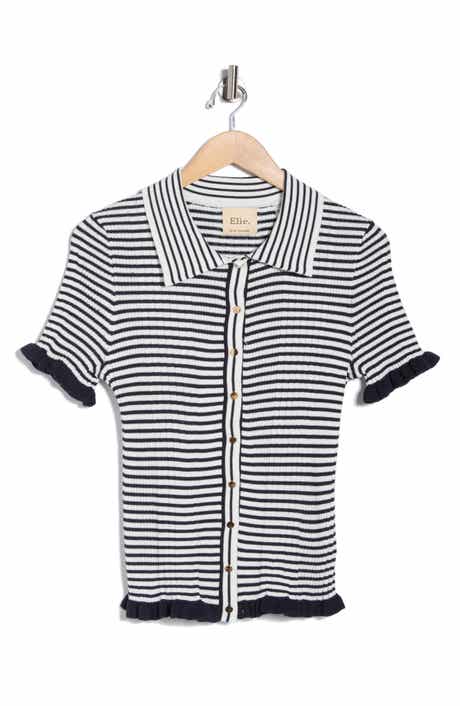 ELIE ELIE TAHARI Rib Stripe Short Sleeve Cardigan