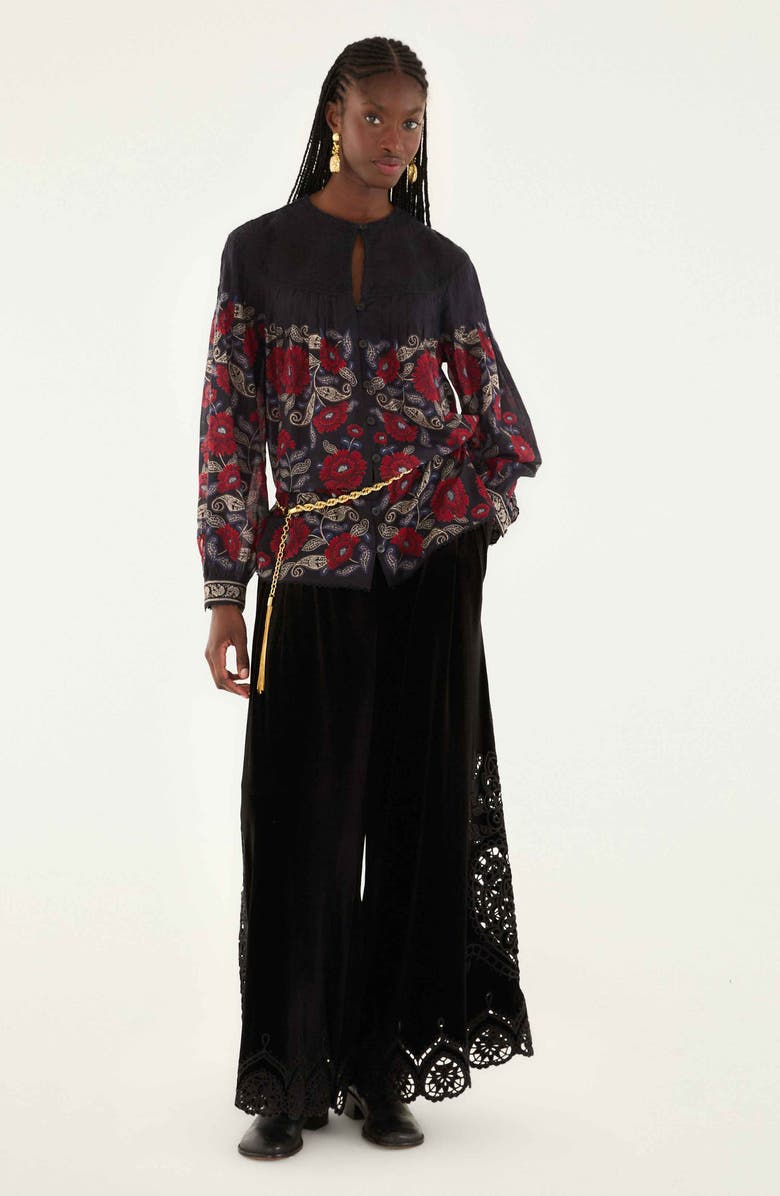 FARM Rio Valentina Floral Cotton Button-Up Shirt, Alternate, color, Valentina Black