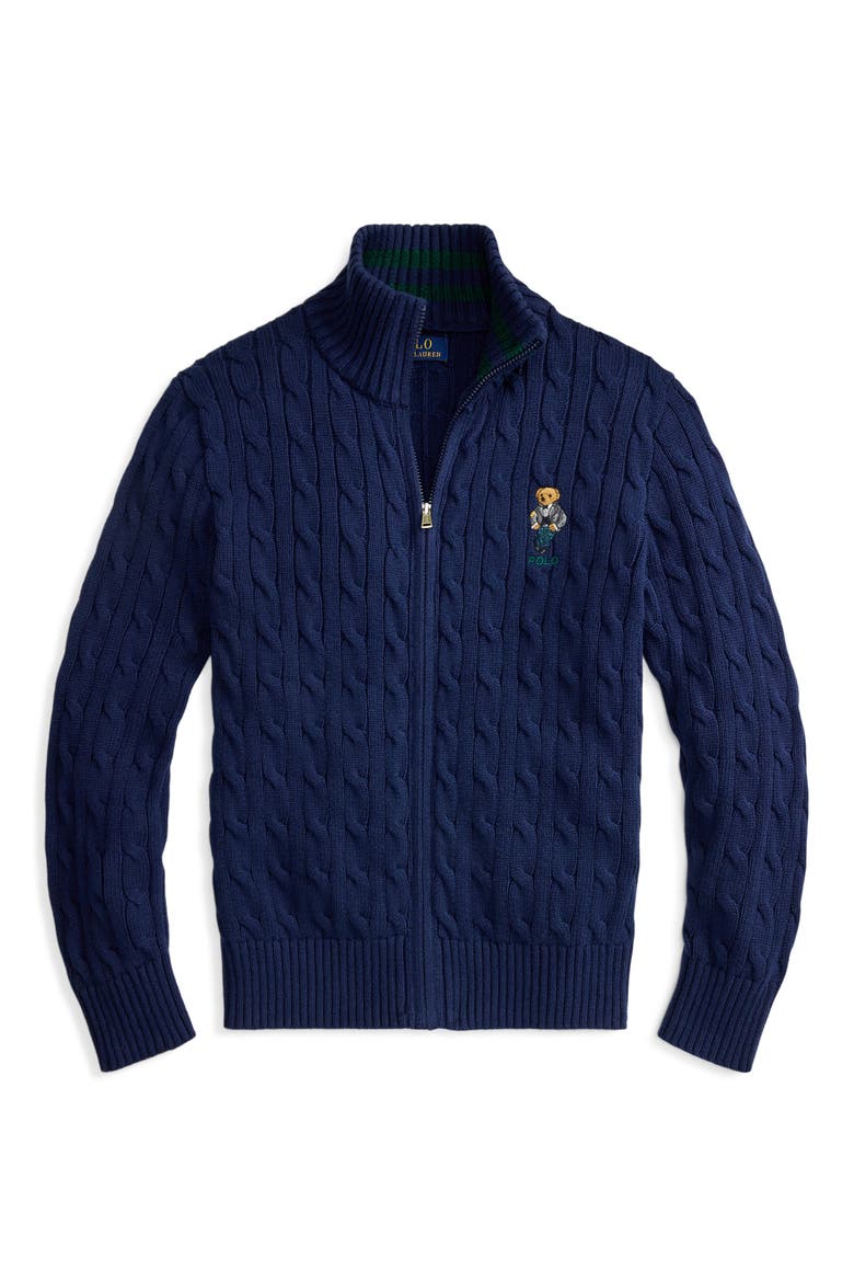 Kids' Polo Bear Cable Cotton Full Zip Sweater, Main, color, REFINED NAVY