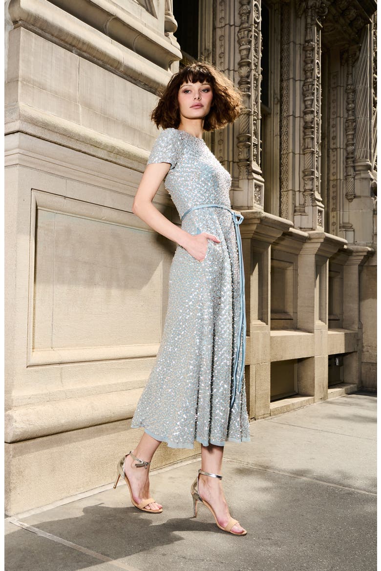 Sequin Encrusted Translucent Tie Waist Cocktail Dress, Alternate, color, LIGHT BLUE