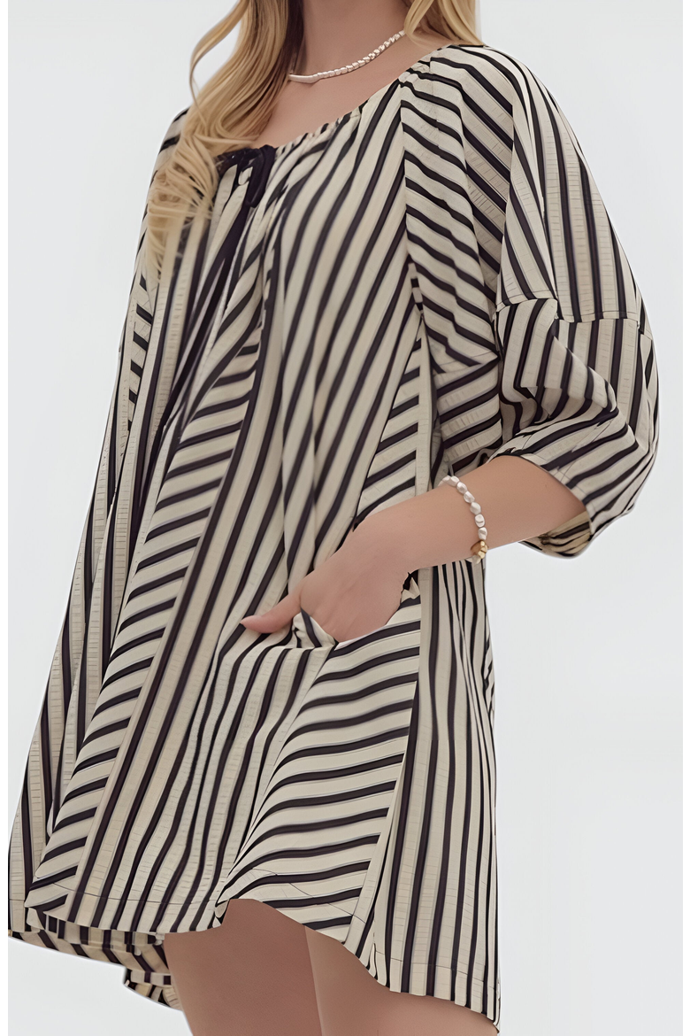 Striped Mini Dress with Tie Neckline, Pockets and 3/4 Sleeves, Alternate, color, Black / White Striped