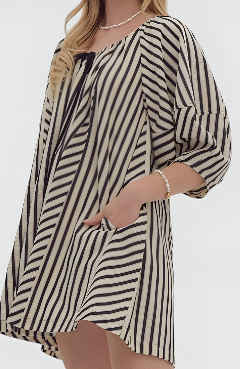 Modenaire Striped Mini Dress with Tie Neckline, Pockets and 3/4 Sleeves, Alternate, color, Black / White Striped