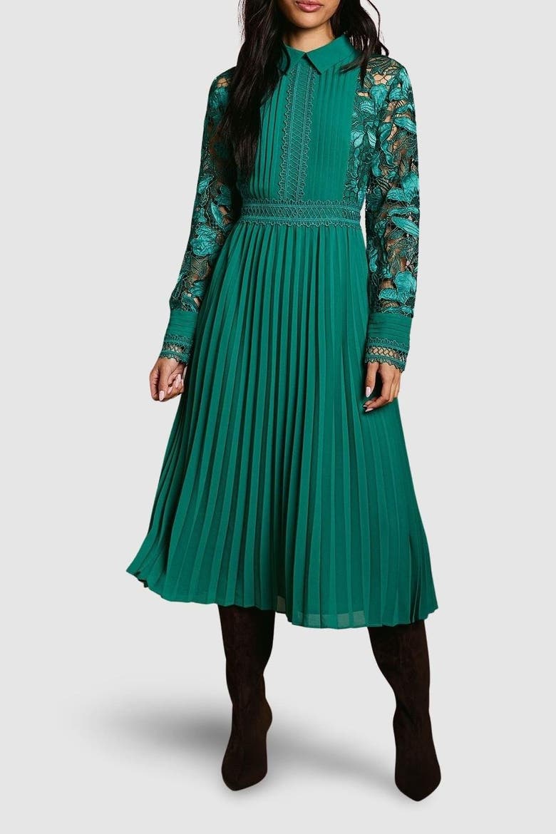 Petite Lace Shirt Dress, Alternate, color, Emerald