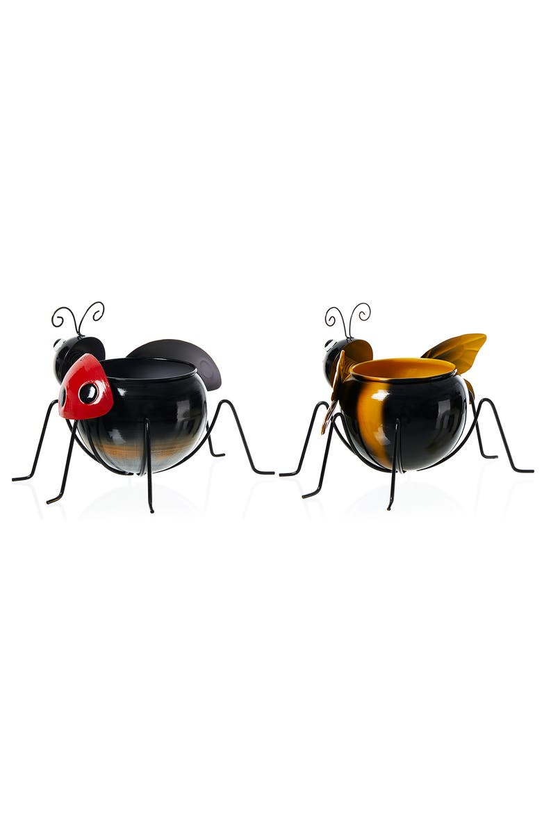 Glitzhome Set of 2 Metal Bee and Ladybug Metal Staute Planters with Drainage Hole, Alternate, color, Red