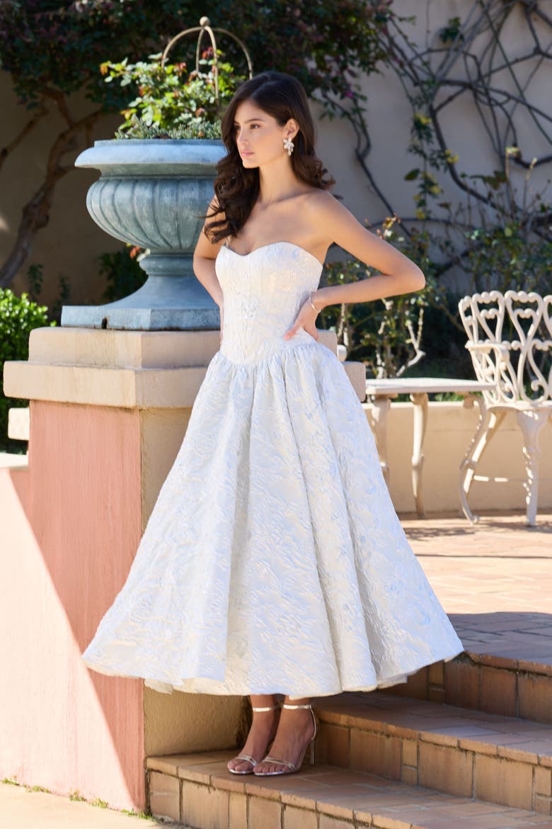 Brocade Strapless Dropwaist Midi Dress, Alternate, color, Ivory