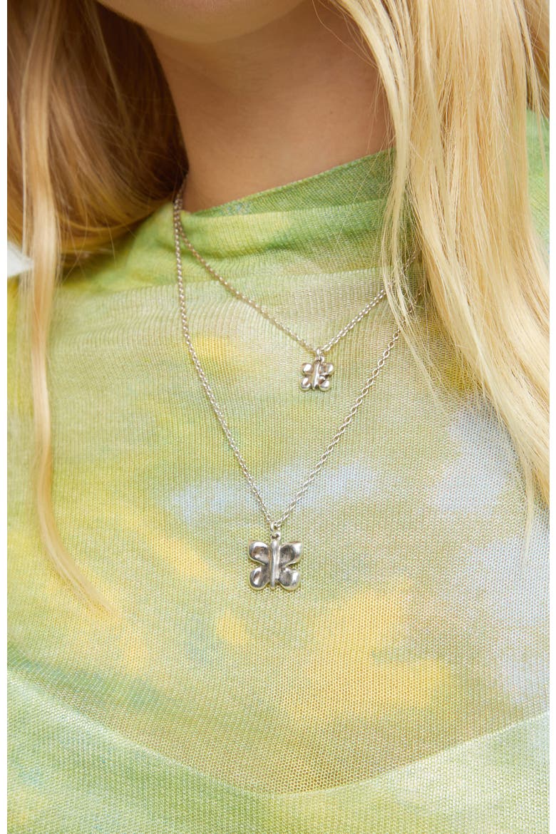 Double Butterfly & Pearl Necklace in Silver-Tone, Alternate, color, Silver
