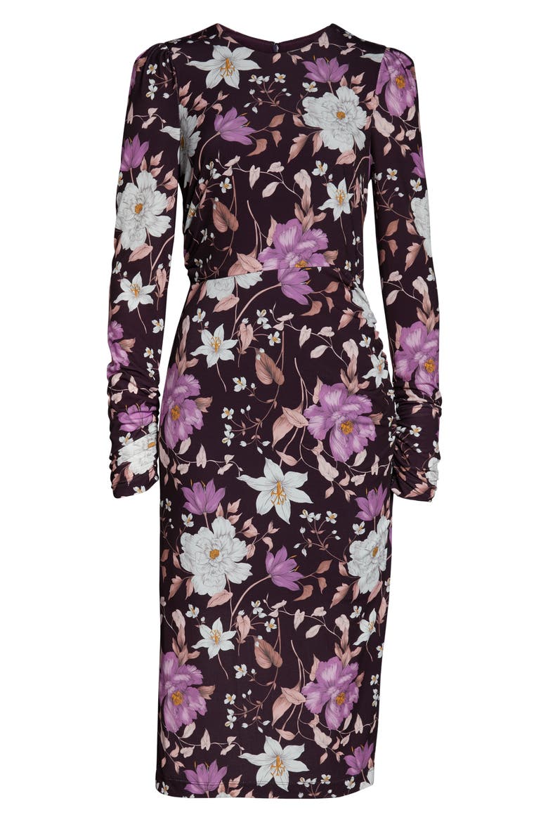 Floral Long Sleeve Body-Con Midi Dress, Alternate, color, AUBERGINE