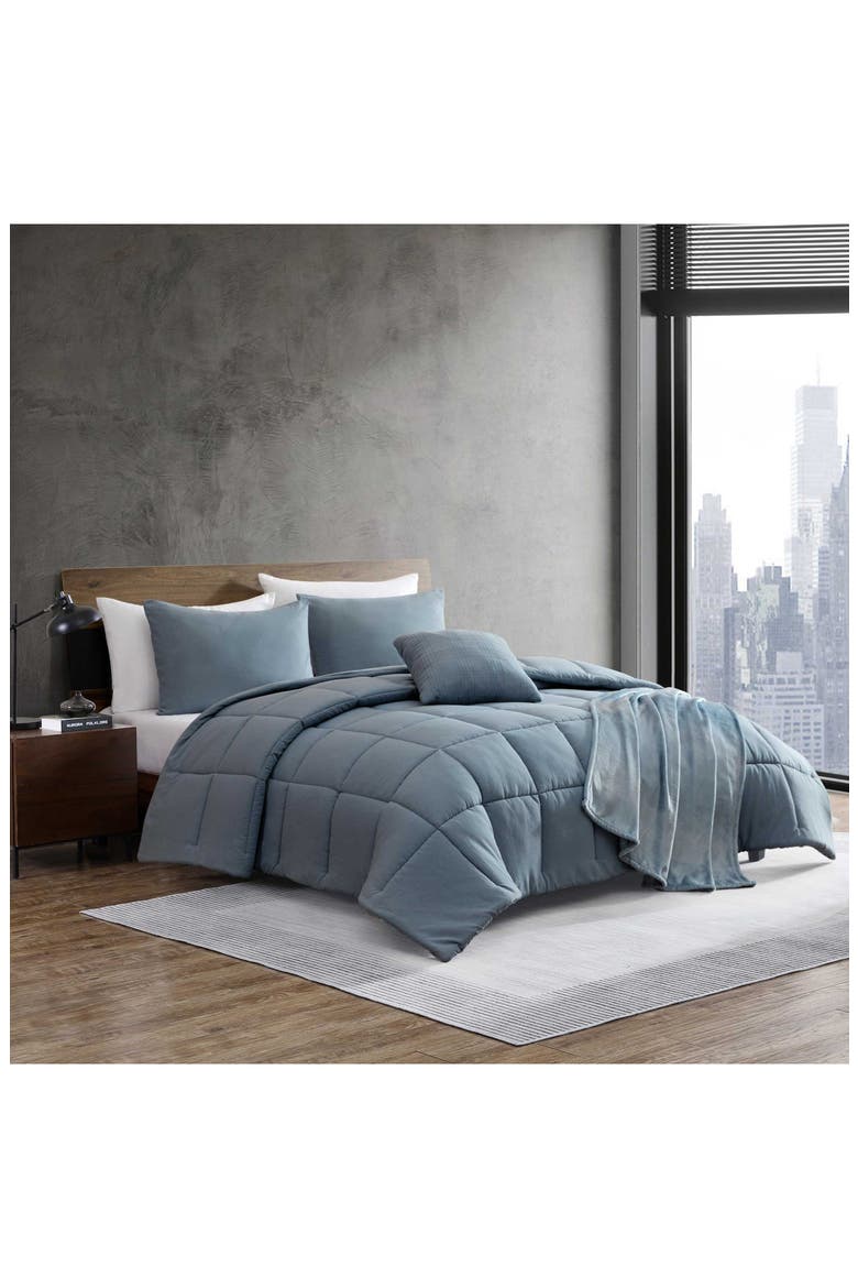Solid Microfiber 5-Piece Reversible Comforter Set, Alternate, color, BLUE MULTI