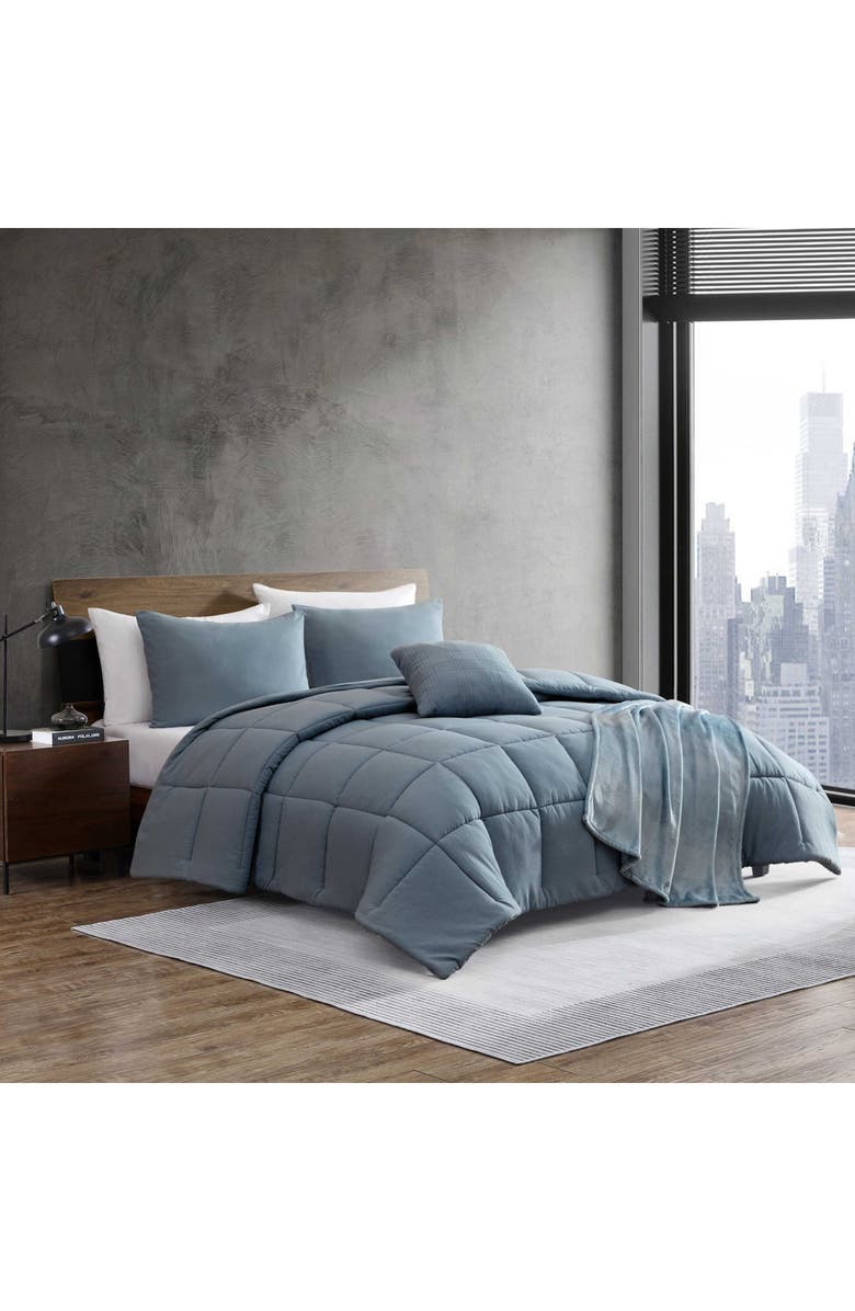 Kenneth Cole Solid Microfiber 5-Piece Reversible Comforter Set, Alternate, color, Blue Multi