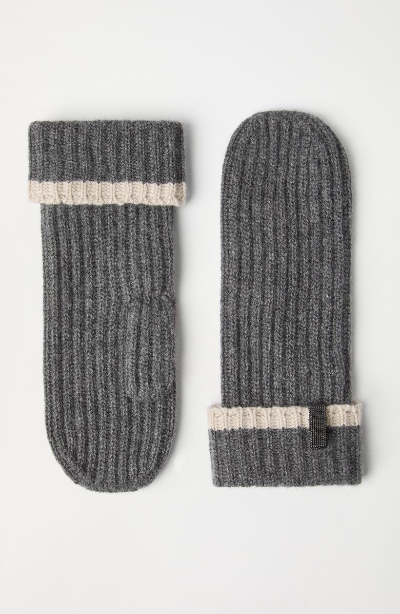 Brunello Cucinelli Knit mittens with monili, Alternate, color, Medium Grey